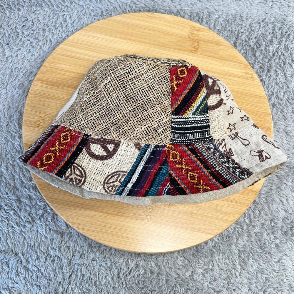 Kathmandu Imports Patchwork Bucket Hat Boho Hippie Celestial Mushroom Peace Sign - Picture 11 of 13